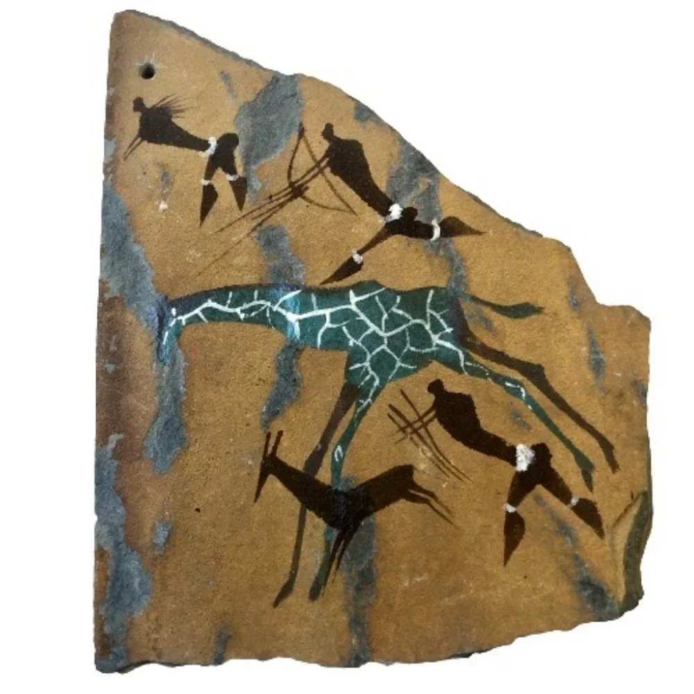 Slate Stone Hand Painted Primitive Hunting Giraffe Art Wall Hanging Decor